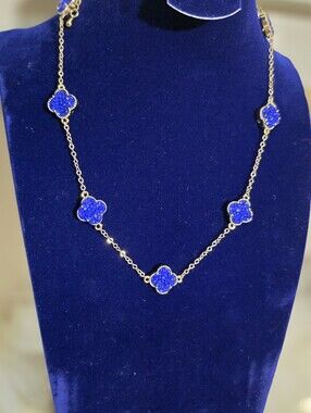 Gold Chain Necklace with Sparkling Blue Clover Pendants